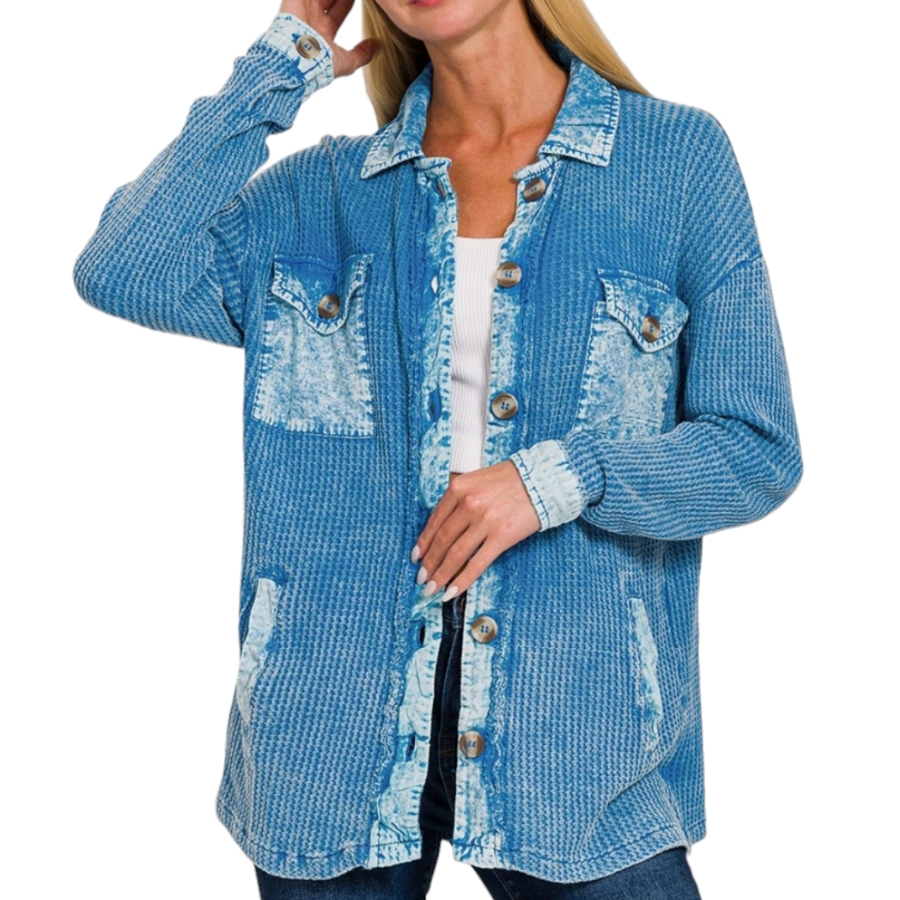 191. Women's Blue Cotton Waffle Acid Wash Shacket NWT